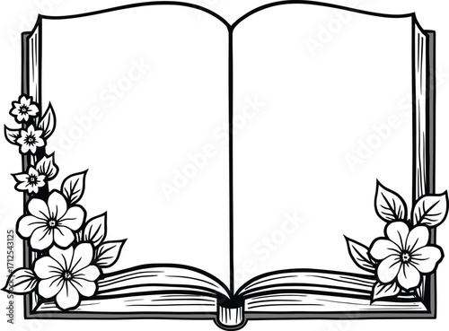 Minimal open book design, simple black and white line art drawing
