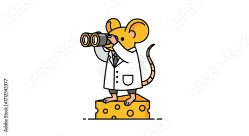 Curious Rodent with Binoculars Observing Something While Standing on Cheese