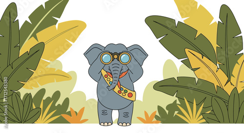 Curious Scout Elephant Peering Through Binoculars Amidst Lush Tropical Foliage Scene