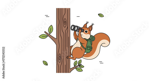 Curious Squirrel Gazing Through Binoculars, Exploring The Forest And The Wilderness
