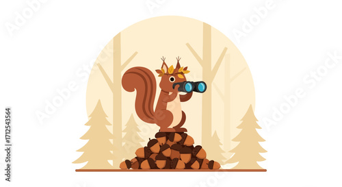 Curious Squirrel Observing Nature With Detailed Binoculars On Acorn Mountain