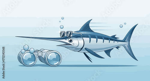 Curious Swordfish Observes a Pair of Binoculars, Looking for New Discoveries