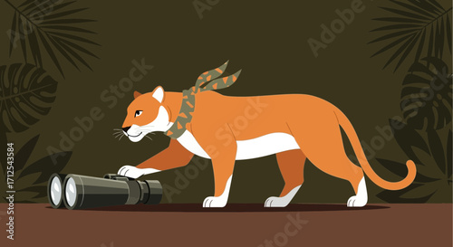 Curious Tiger Preparing To Observe Wildlife Using Binoculars In Lush Environment Scene