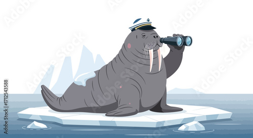 Curious Walrus Commander Using Binoculars While Observing The Distant Horizon