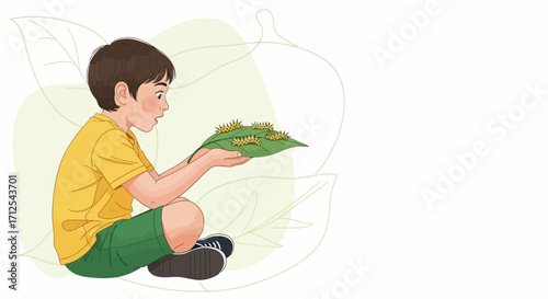 Curious Young Boy Examining Caterpillars on a Leaf, Nature Study Observation Illustration