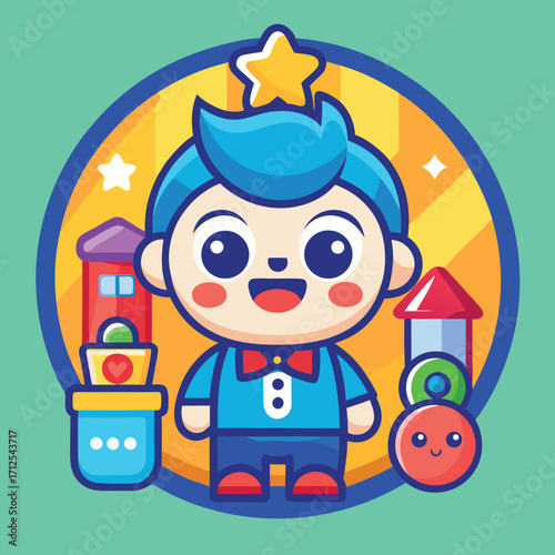 Playful and cute cartoon icon set for a children s toy store featuring colorful graphics and playful designs