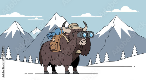 Curious Yak With Binoculars Looking Across Mountains Depicting Adventure And Exploration
