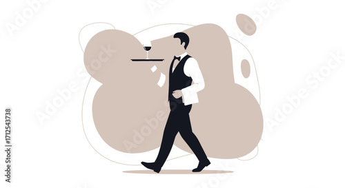 Elegant Server Delivering Wine in Modern Design With Artistic Abstract Background Illustration