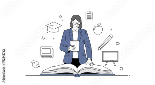 Elegant Teacher With Glasses Standing Beside Open Book And Academic Symbols