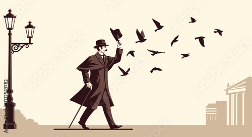 Elegant Victorian Gentleman in Profile Walking Alongside Lamp Post and Flying Birds