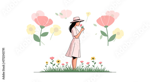 Elegant Woman Admiring a Flower In a Field of Vibrant Blooms and Lush Greenery