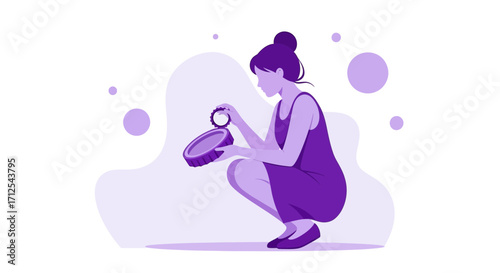 Elegant Woman Applying Makeup In Stylized Illustration With Soft Purple Tones