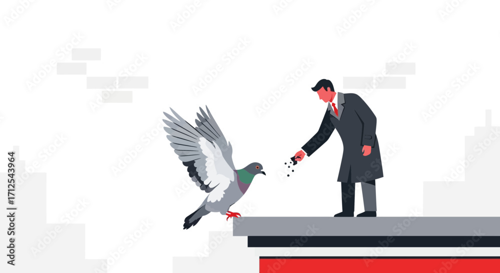 Fototapeta premium Embracing Nature: A Person Offers Food to the Pigeon on the Urban Landscape