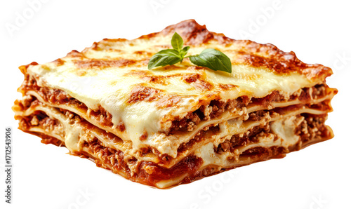 Delicious Layered Lasagna with Cheesy Topping and Fresh Basil Isolate on Transparent Background, cutout, png