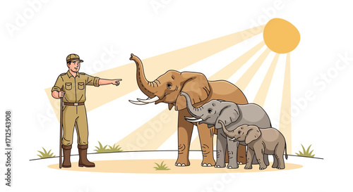 Elephant Family With A Guide In The Sunny Savanna Ready For An Adventure