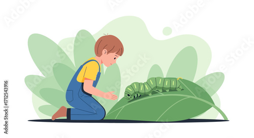 Curious Young Explorer Gazes At A Vibrant Caterpillar In Its Natural Habitat