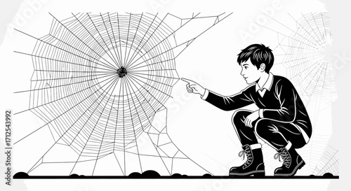 Curious Young Observer Examining a Detailed Spider Web Construction in Monochrome
