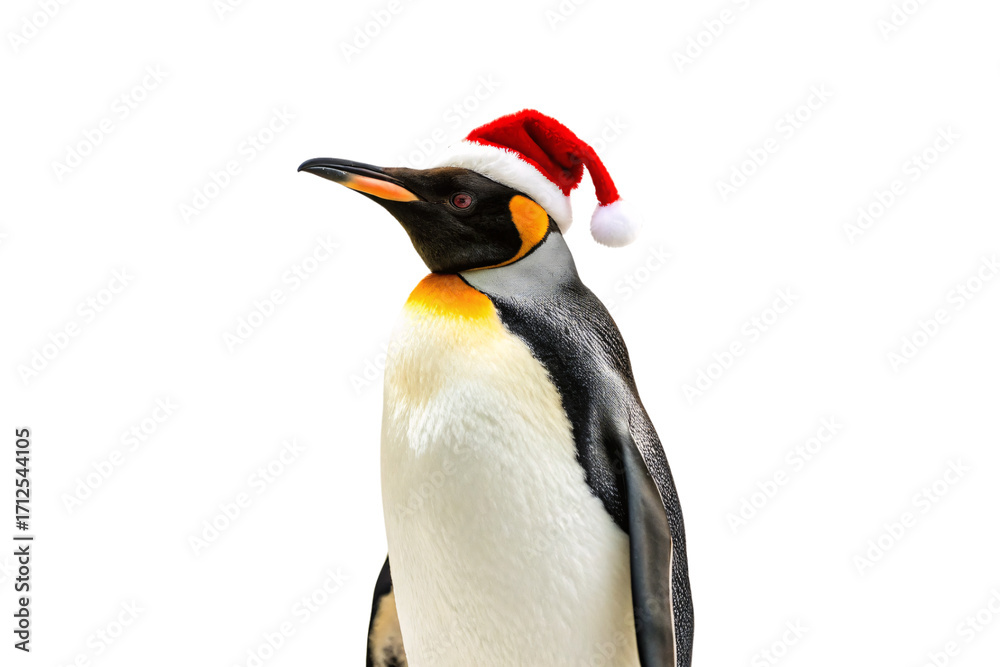 Naklejka premium King penguin wearing festive red Santa hat looking sideways with orange neck markings, isolated on a transparent background
