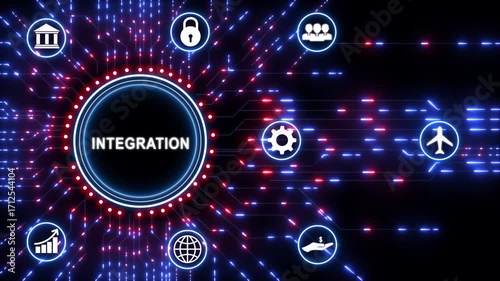Businessman selecting and pressing an integration button on futuristic circuit board, technology background with digital interface and innovation concept.
