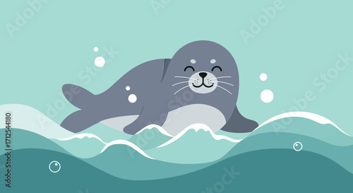 Cute Cartoon Seal Swimming On Waves,  Delightful Vector Illustration in a Blue Setting