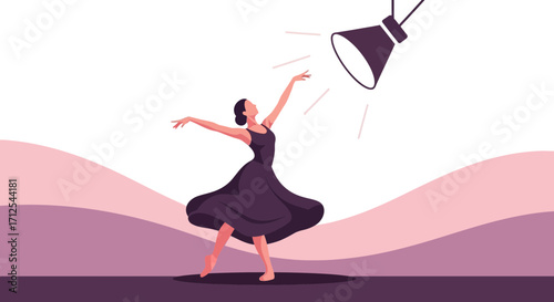 Enchanting Dancer Under The Spotlight Illuminated by The Isolated Lamp For Dance