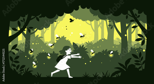 Enchanting Forest Scene Depicting A Child Chasing Fireflies Amidst Ethereal Glow