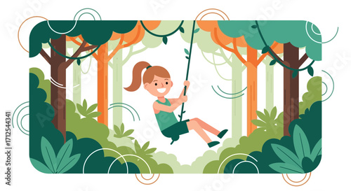 Enchanting Illustration Of A Cheerful Girl Swinging Amongst Playful Forest Foliage