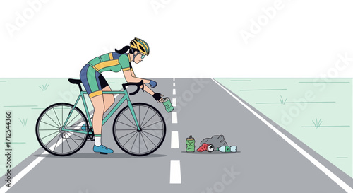 Cyclist Disposing Of Waste On Roadside During A Cycling Marathon Race Scenario