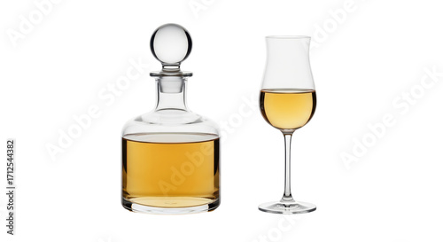 Isolated carafe with stopper and snifter, tasting spirits. Fine spirits on white backdrop.