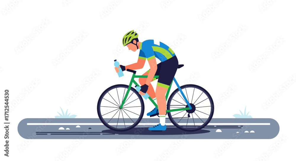 Fototapeta premium Cyclist Refreshes During Intense Road Bike Ride On Paved Pathway, Animated Graphic