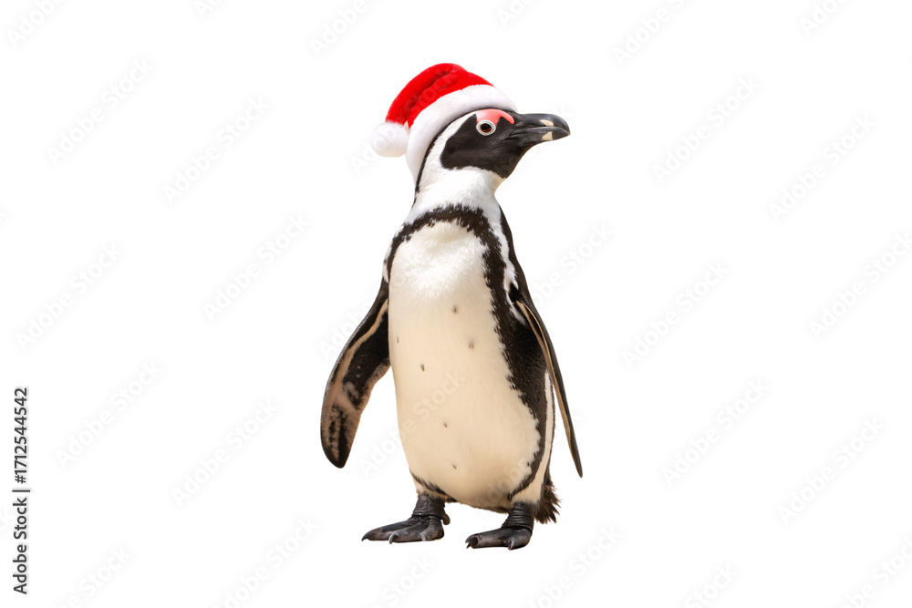 Fototapeta premium African penguin wearing red Santa hat standing upright with black and white plumage and orange beak, isolated on a transparent background