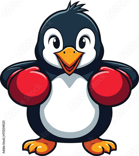 Cute penguin with red boxing gloves, cheerful arctic athlete bird