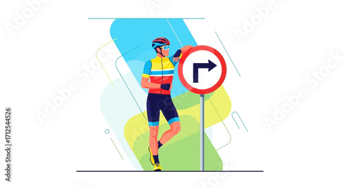 Cyclist Leaning On Road Sign, Indicating Right Direction, Colorful Illustration