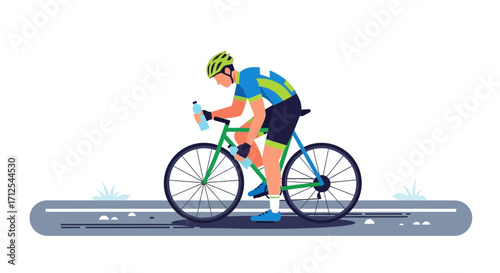 Cyclist Refreshes During Intense Road Bike Ride On Paved Pathway, Animated Graphic