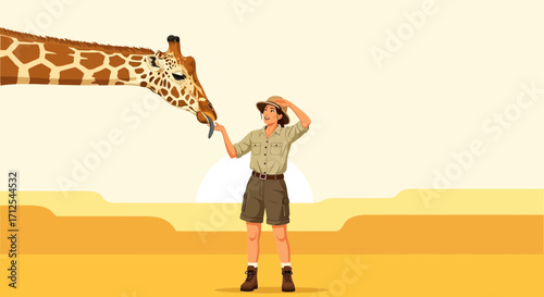Encounter Between A Giraffe And A Woman In The Wilderness, Sun Set In The Background For Adobe Stock