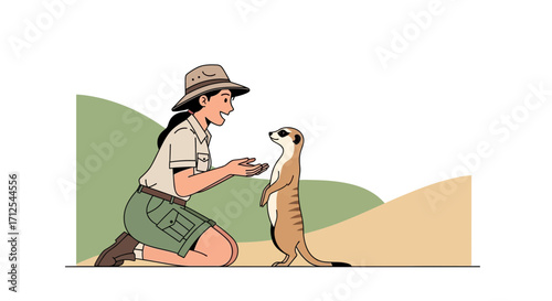 Encounter Between A Zookeeper And A Curious Meerkat Wildlife Interaction Illustration