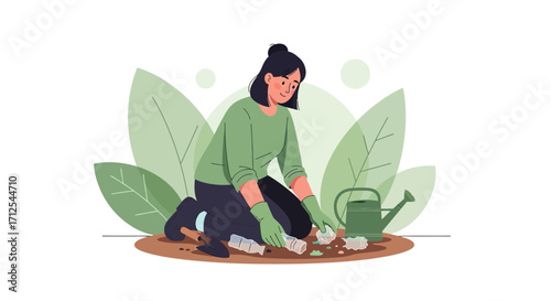 Dedicated Individual Cleans Up Debris And Promotes Environmental Consciousness In A Garden Setting