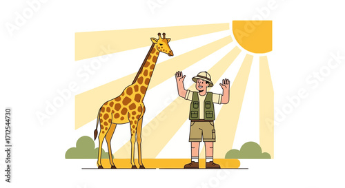 Encounter With A Towering Giraffe And Explorer Under A Sunny Sky Illustration