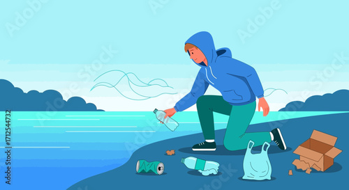 Dedicated Individual Volunteering Effort To Clean Up Litter at the Beach Encouraging Environmental