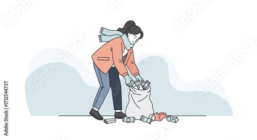 Dedicated Lady Collecting Trash in Nature, Volunteering for Environmental Preservation