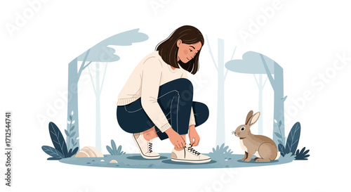 Encounter With Wildlife Woman Cares For Her Shoes Near A Cute Rabbit In The Forest