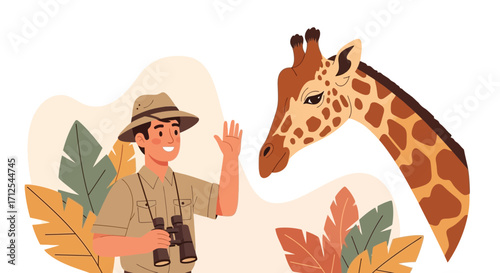 Encountering A Friendly Explorer And A Majestic Giraffe During A Safari Adventure