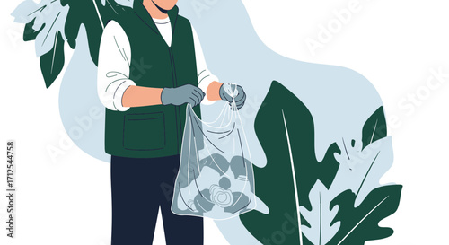 Dedicated Person Cleaning Litter with Bag in a Green Environment for a Better World