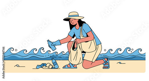 Dedicated Person Cleans Beach, Collecting Plastic Waste To Preserve The Marine Ecosystem