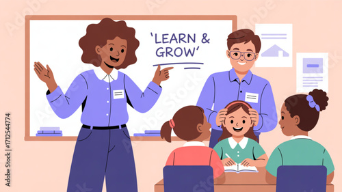 Classroom learning environment with teacher and students for education and back to school concept design vector