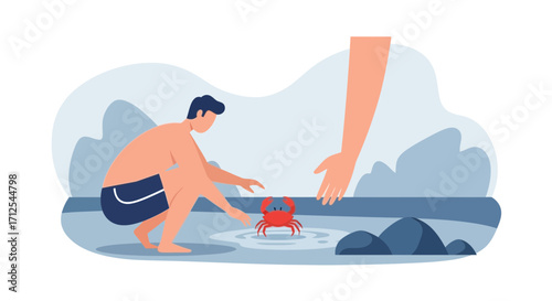 Encountering Coastal Crustacean With A Gentle Touch In The Serene Shoreline Scene