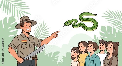 Encountering Wildlife: A Tour Guide Points Out A Snake To A Curious Group Of Tourists
