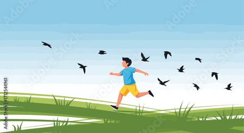 Energetic Adolescent Runs Amidst Soaring Avian Forms, Basking In The Morning Air