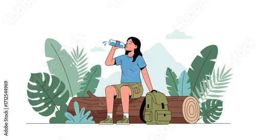 Dehydrated Hiker Resting And Rehydrating In The Lush Green Forest Environment