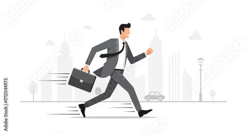 Energetic Businessman Sprinting Through Cityscape With Briefcase Depicting Work, Speed, And Urgency